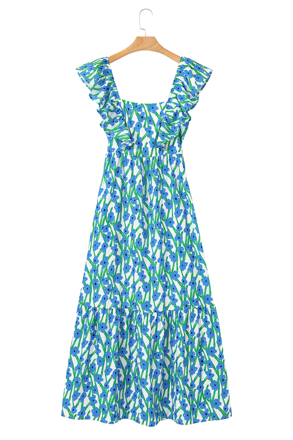 Blue Floral Print Square Neck Ruffled Strap Maxi Dress 🇨🇳
