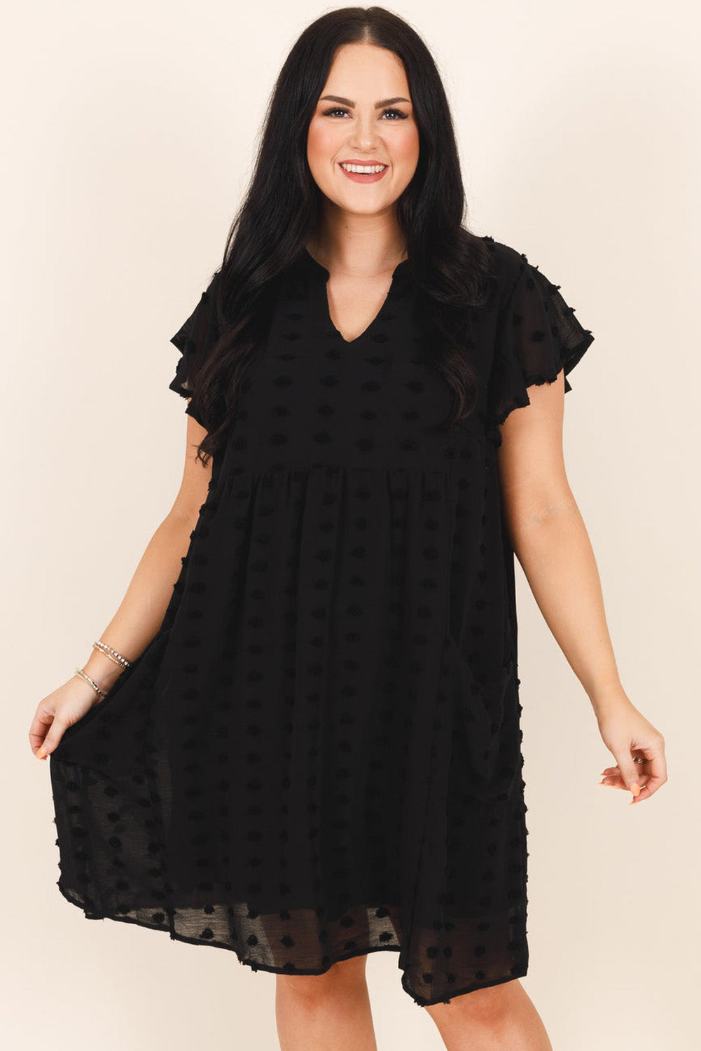Black Dotty Textured Notched Neck Plus Ruffled Dress 🇺🇲