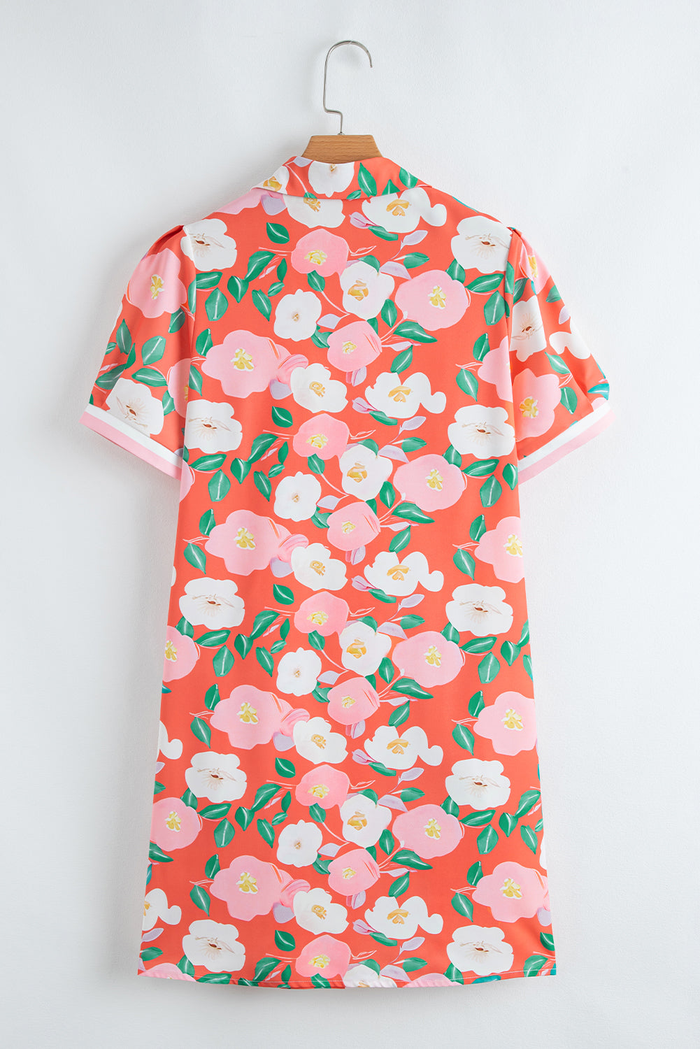 Fresh Salmon Floral Print Contrast Striped Trim Polo Collar T Shirt Dress 🇺🇸