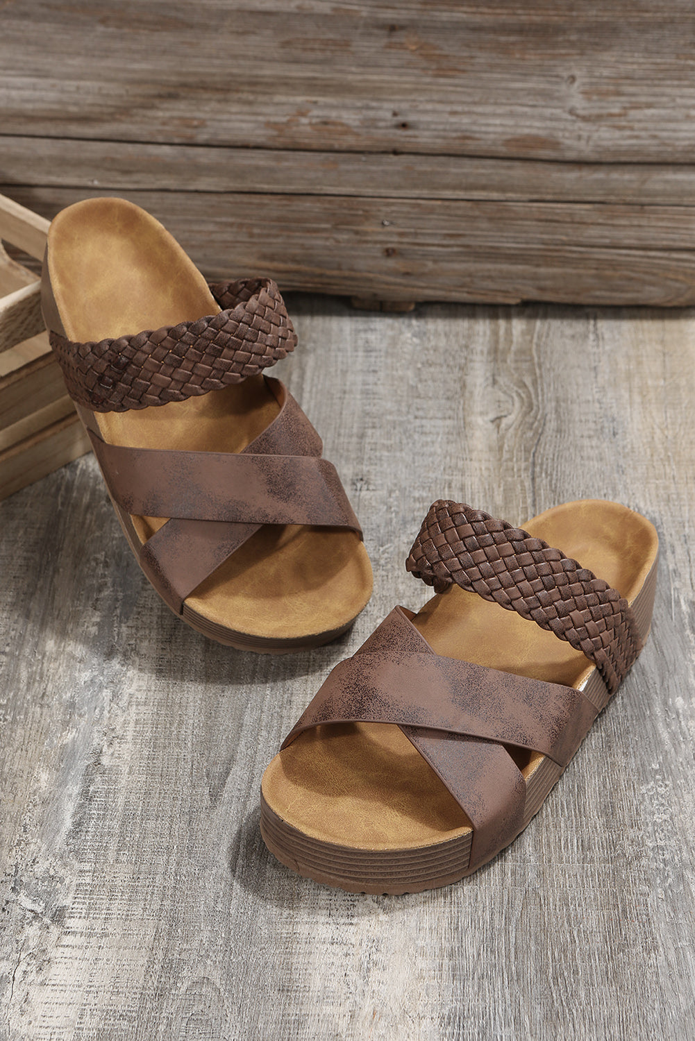 Brown Braided Detail Criss Cross Platform Slippers 🇨🇳