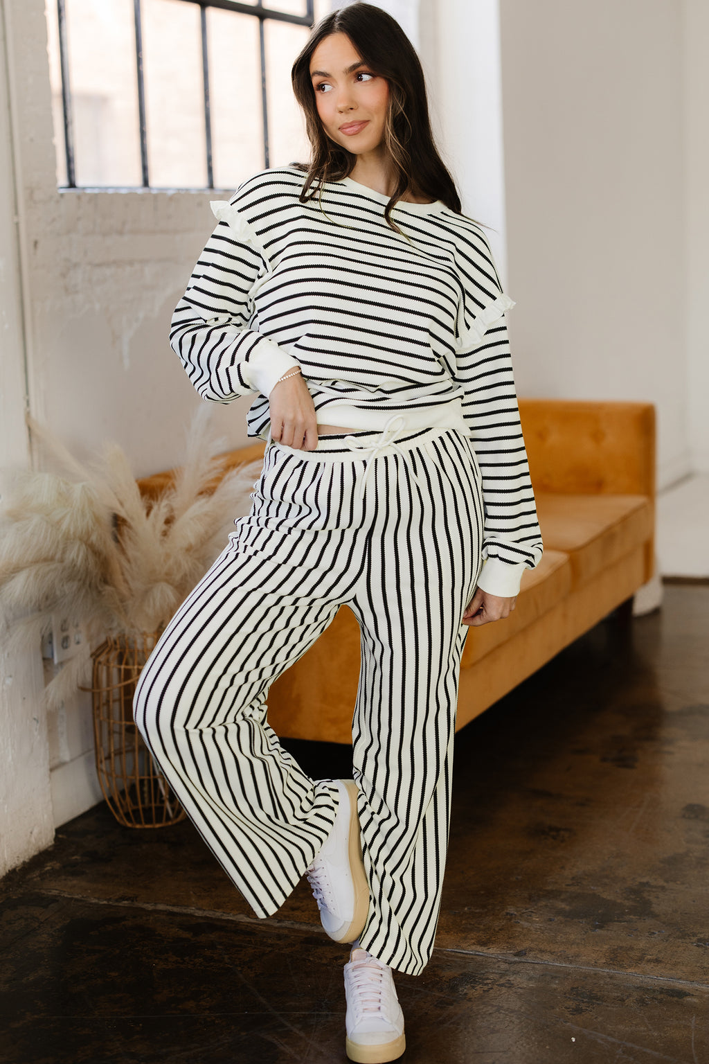 White Stripe Ruffle Trim Drop Shoulder Top Drawstring Loose Pant Set 🇺🇸