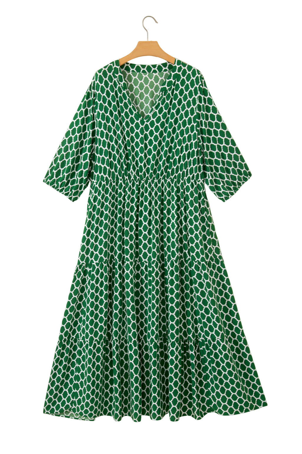 Green Plus Size Geometric Print Pocketed Ruffle Hem Casual Dress 🇺🇸