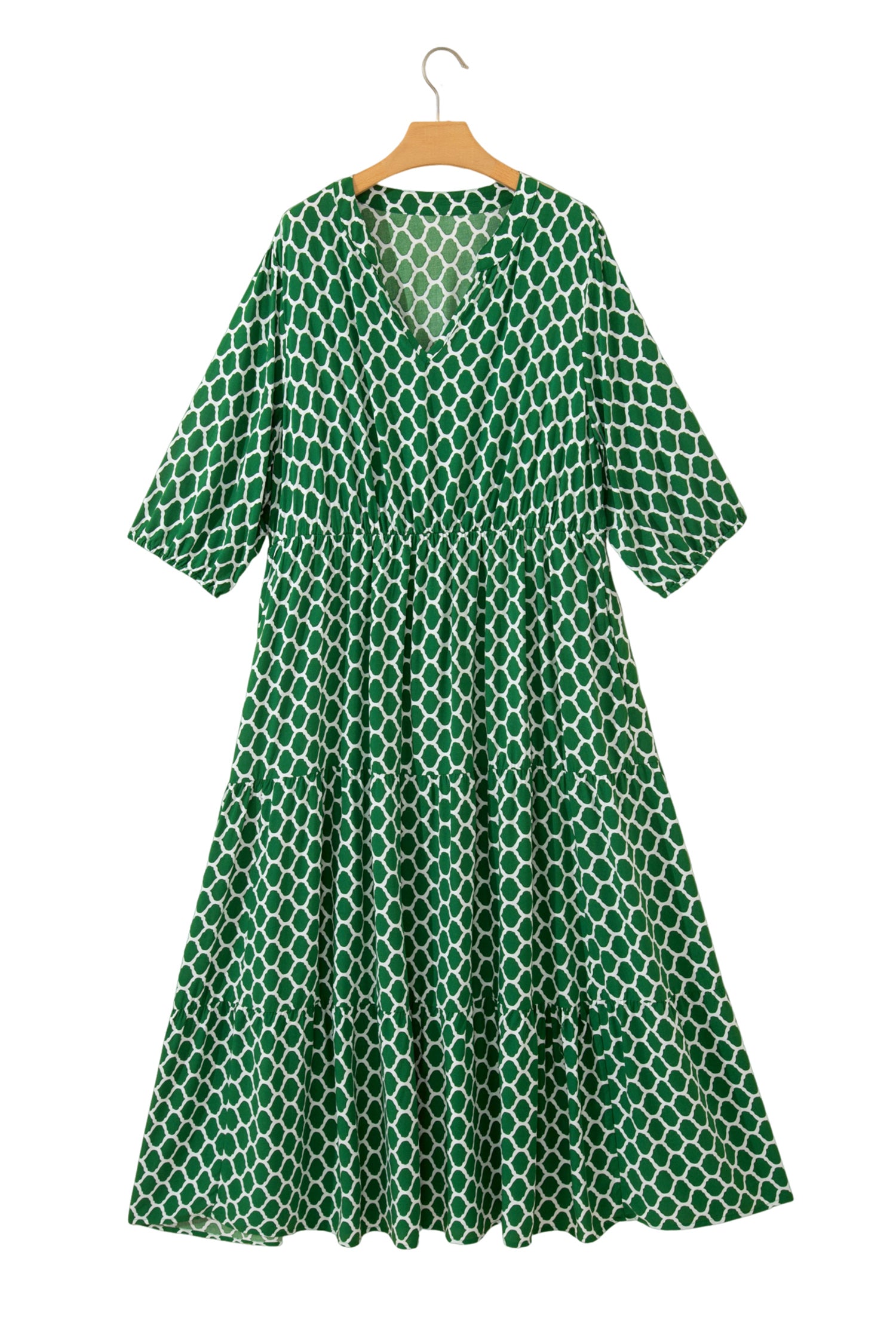 Green Plus Size Geometric Print Pocketed Ruffle Hem Casual Dress 🇺🇸