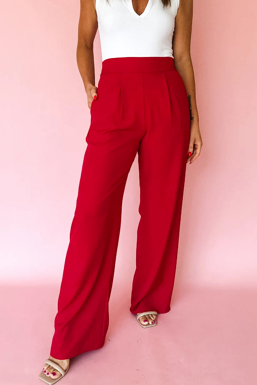 Fiery Red Pleated Detail Pull On High Elastic Waist Loose Straight Pants 🇺🇸