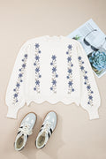 White Floral Embroidered Scallop Hem Cropped Sweater 🇺🇸