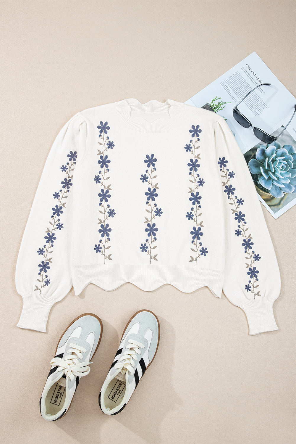 White Floral Embroidered Scallop Hem Cropped Sweater 🇺🇸