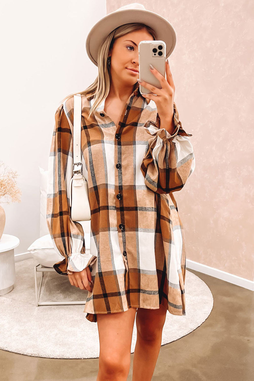 Khaki Plaid Pattern Collared Neck Ruffled Sleeve Shirt Dress 🇺🇸