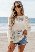 White Hollow Out Knit Bracelet Sleeve Drop Shoulder Sweater 🇨🇳