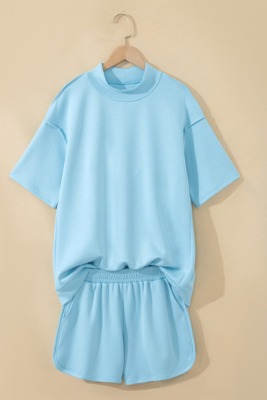 Mist Blue Solid Color Exposed Seam Mock Neck Oversize Tee Casual Shorts 2pcs Outfit 🇺🇸
