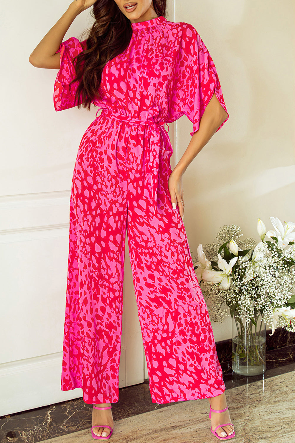 Rose Leopard Loose Sleeve Belted Wide Leg Jumpsuit 🇺🇸