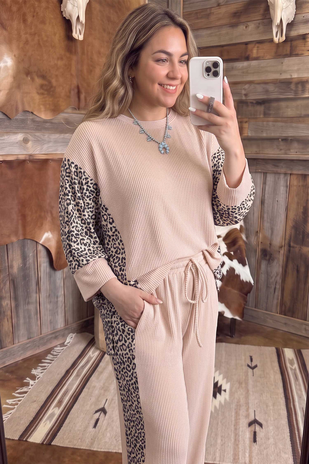 Light French Beige Leopard Print Ribbed Twist Long Sleeve Top Pants Plus Size Set 🇺🇸