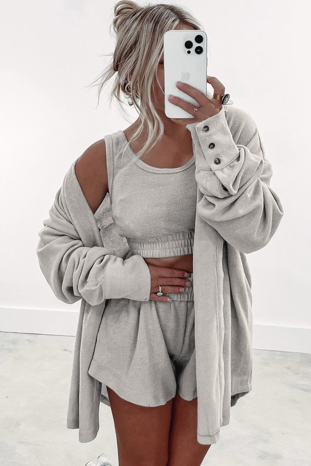 Gray 3 Pcs Crop Tank Top Shorts with Cardigan Lounge Set 🇨🇳