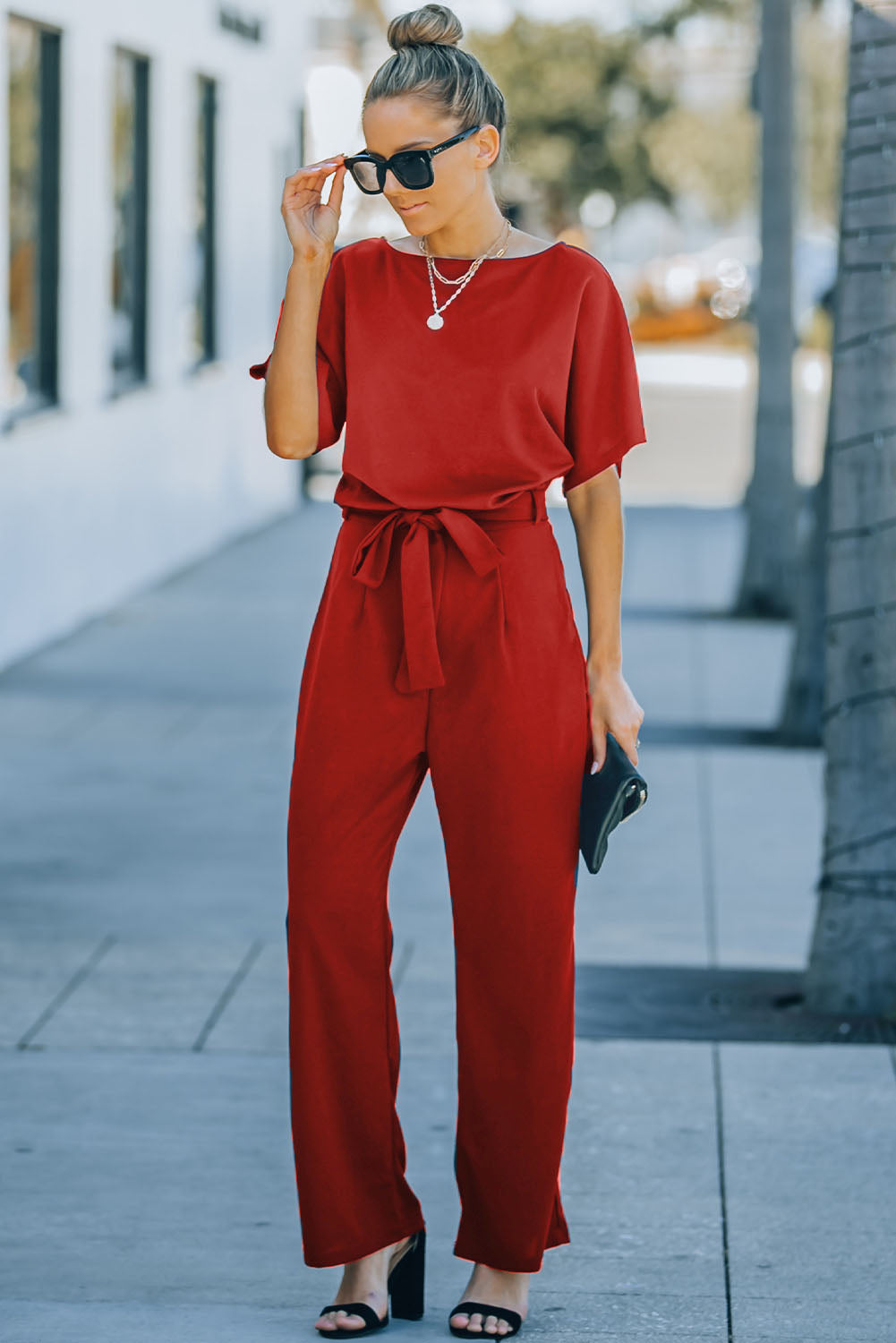 Fiery Red Belted Wide Leg Jumpsuit 🇺🇸