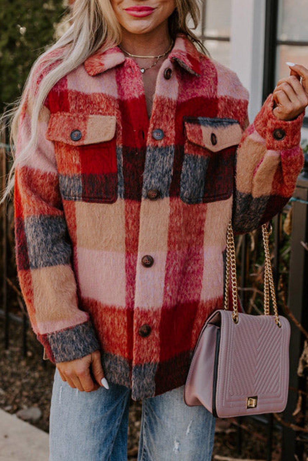 Orange Plaid Print Flap Pockets Buttoned Casual Plus Size Jacket 🇺🇸