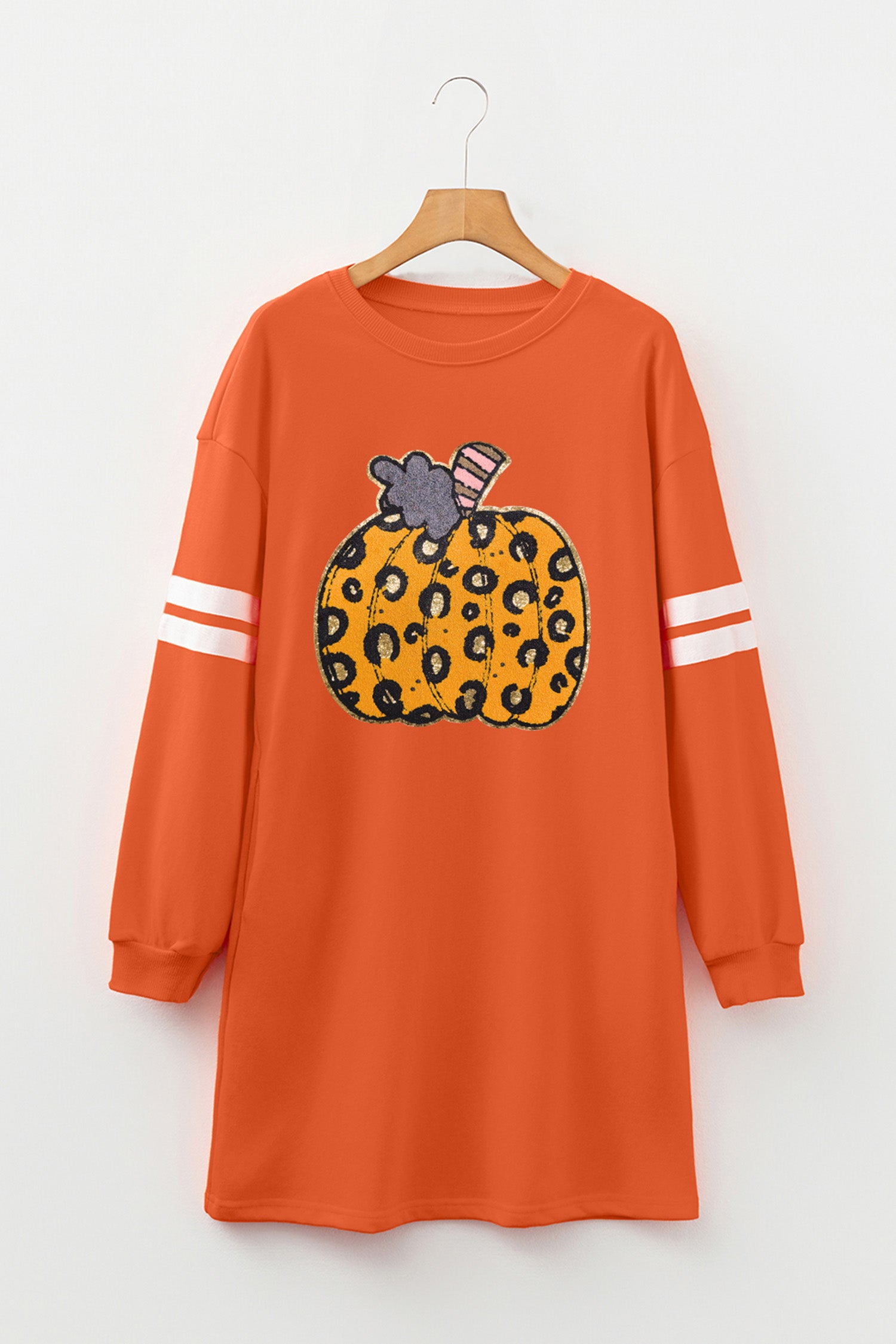 Orange Leopard Print Pumpkin Graphic Varsity Striped Long Sleeve Tunic Dress 🇺🇸