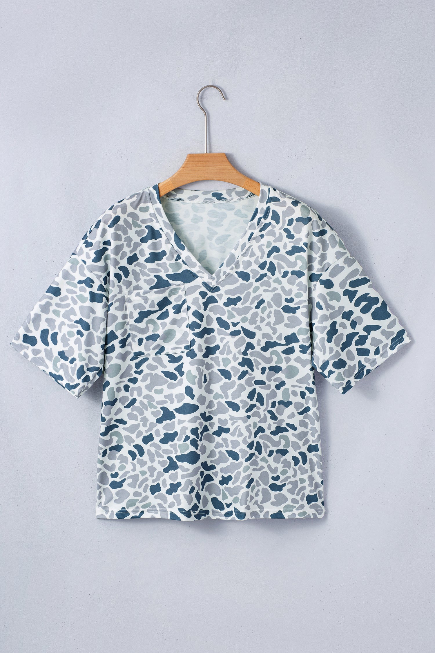 Gray Camouflage Print Single Chest Pocket V Neck Tee 🇺🇸