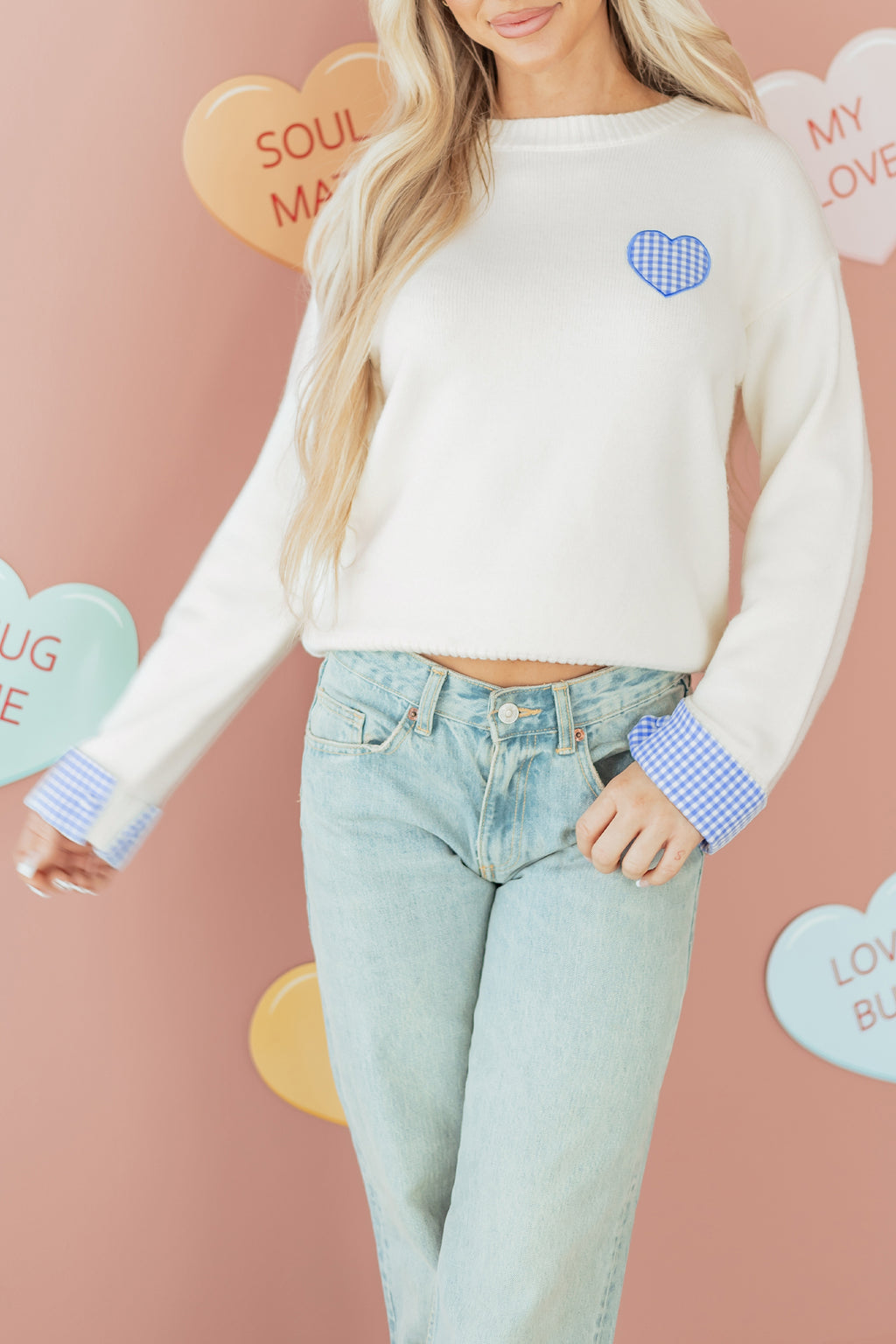 White Plaid Heart Embroidered Cuffed Drop Shoulder Crew Neck Sweater 🇺🇸