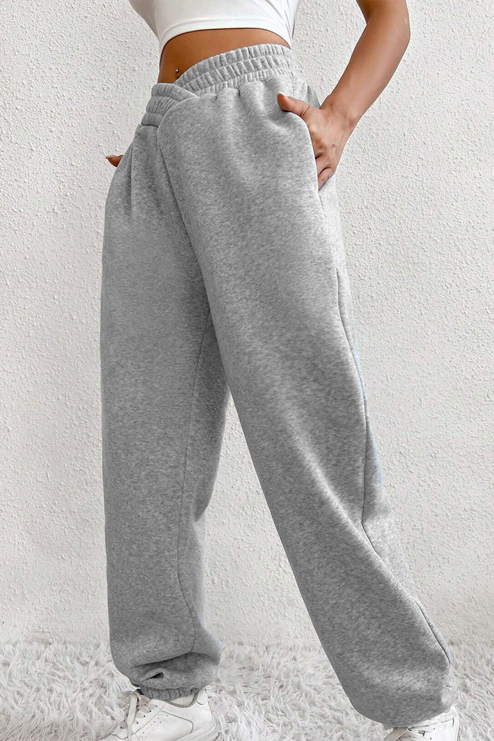 Light Grey Solid Color Crisscross Elastic Waist Sweatpants 🇺🇸