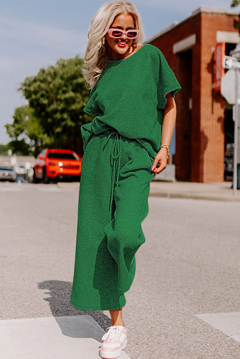 Dark Green Textured Loose Fit T Shirt and Drawstring Pants Set 🇨🇳