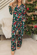 Green Holiday Print Pocket Detail Long Sleeve Collar Lounge Set 🇺🇸