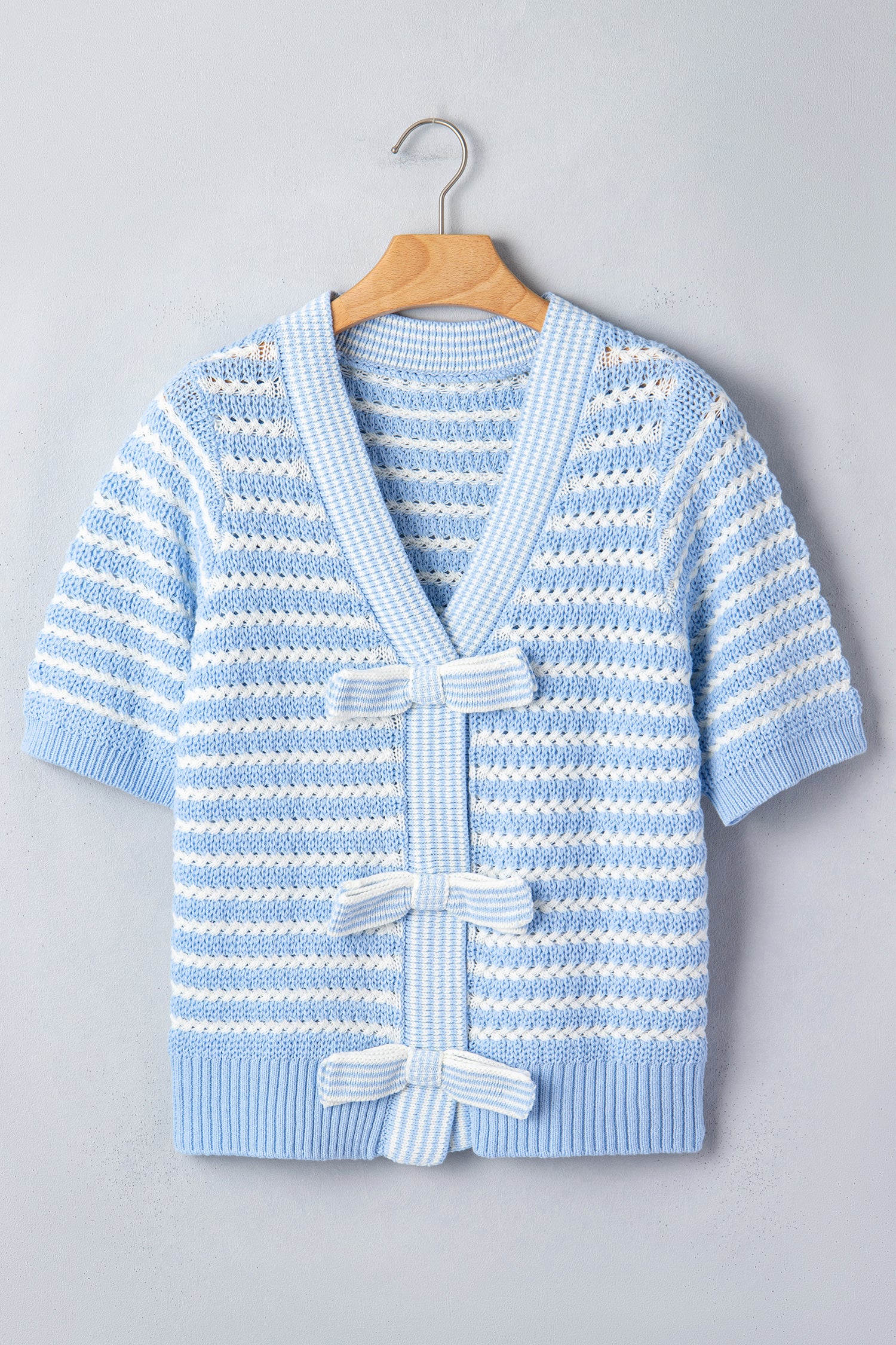 Sky Blue Stripe Short Sleeve Knit V Neck Bow Knot Sweater 🇺🇸
