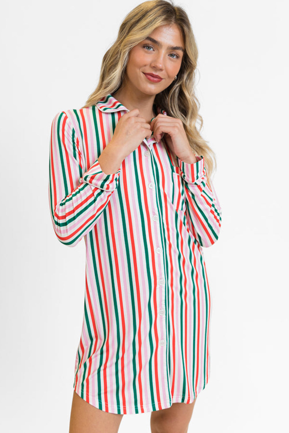Pink Stripe Christmas Long Sleeve Shirt Style Lounge Dress 🇺🇸