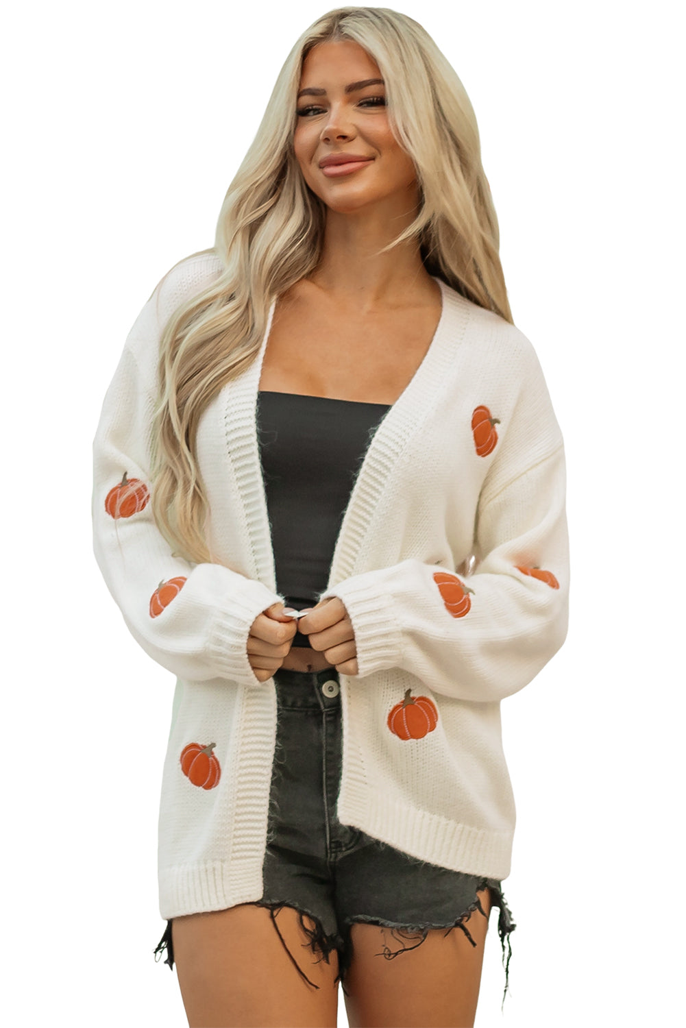 White Pumpkin Print Open Front Drop Shoulder Midi Cardigan 🇺🇸