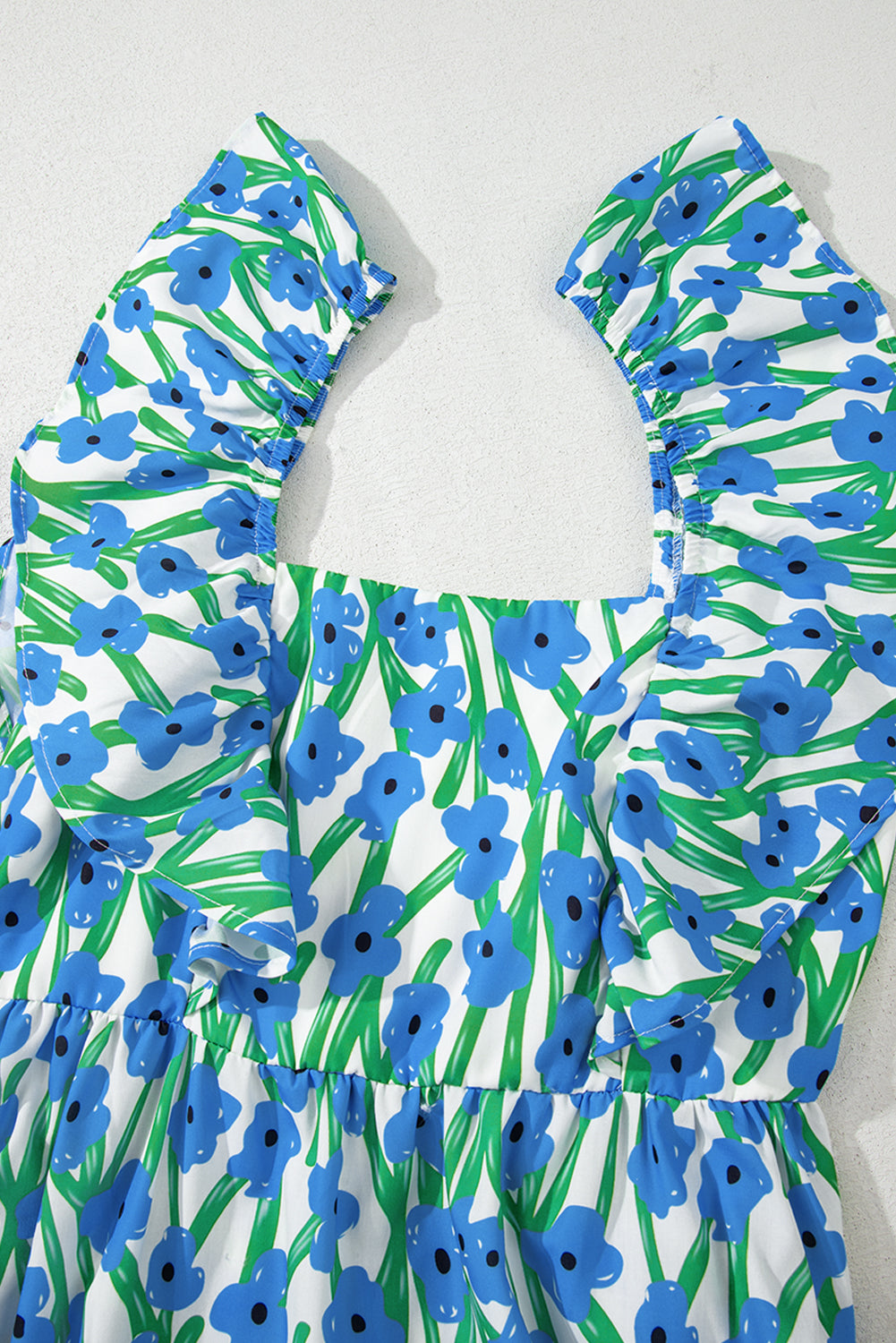 Blue Floral Print Square Neck Ruffled Strap Maxi Dress 🇨🇳