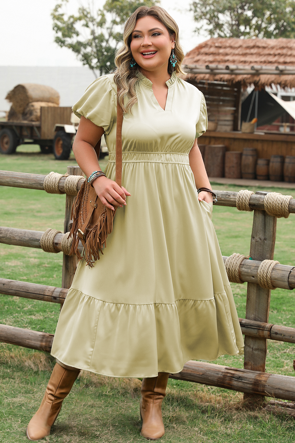 Laurel Green Notched V Neck Puff Sleeve Tiered Plus Size Maxi Dress 🇺🇲