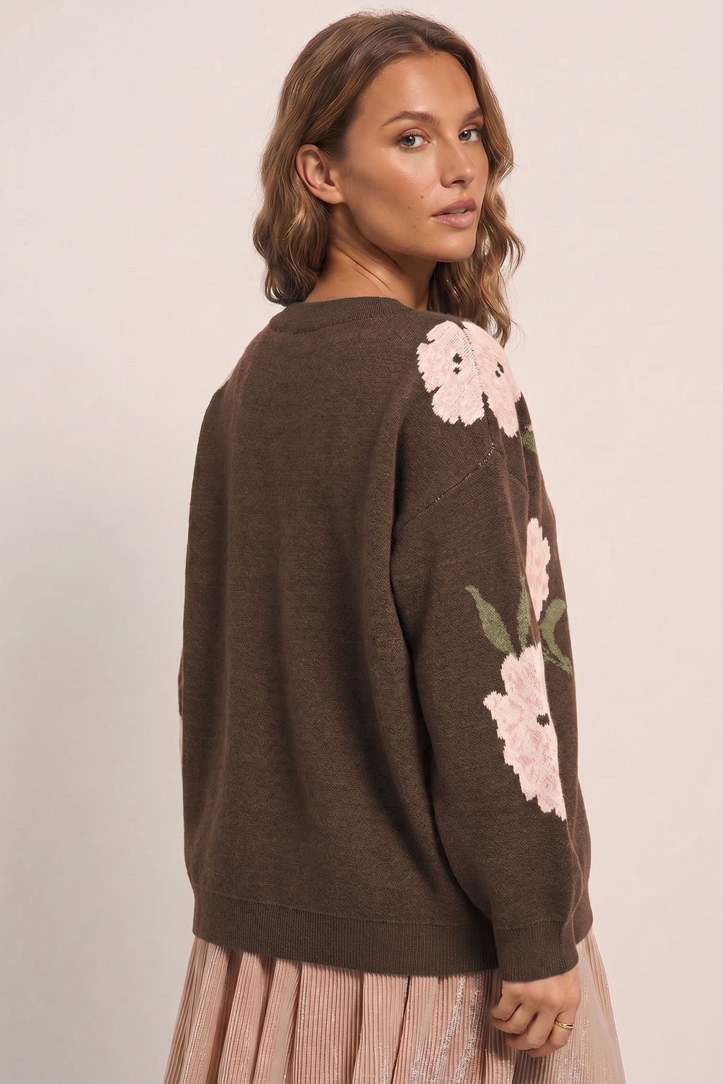 Dark Brown Floral Print Drop Shoulder Relaxed Pullover Sweater 🇬🇧