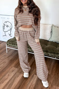 Khaki Stripe Contrast Trim Long Sleeve Top Elastic Waist Pants Set 🇺🇸