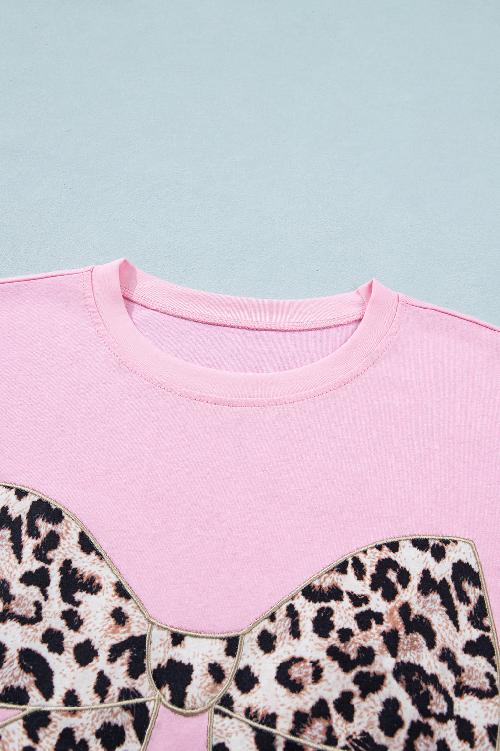 Pink Leopard Bow Embroidered Cotton Round Neck T Shirt 🇺🇸