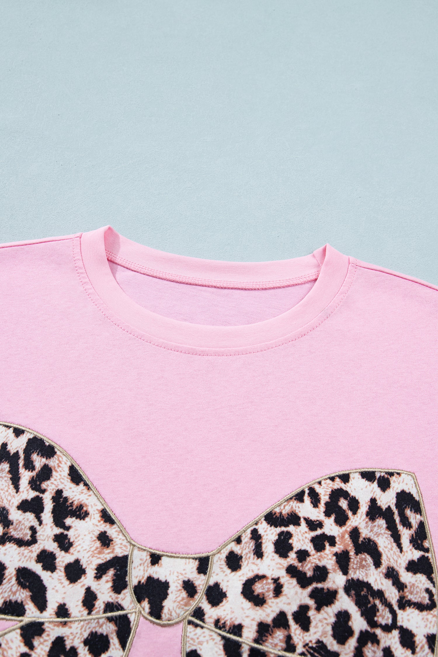 Pink Leopard Bow Embroidered Cotton Round Neck T Shirt 🇺🇸