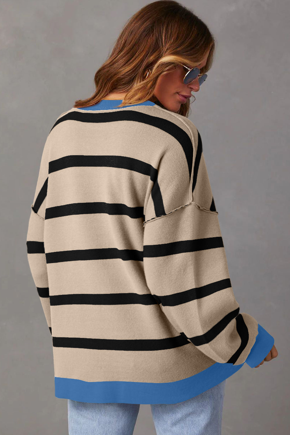White Colorblock Drop Shoulder Buttoned Loose Cardigan 🇨🇳