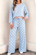 Sky Blue Polka Dot Contrast Trim Long Sleeve Top Drawstring Shift Pants Set 🇺🇸