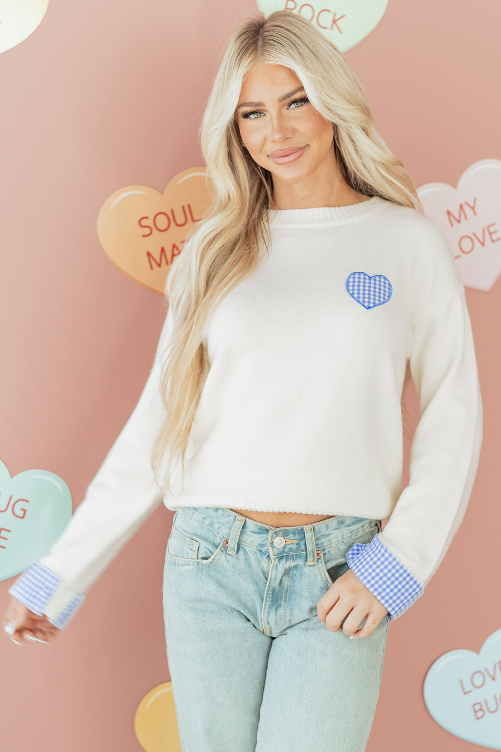 White Plaid Heart Embroidered Cuffed Drop Shoulder Crew Neck Sweater 🇺🇸