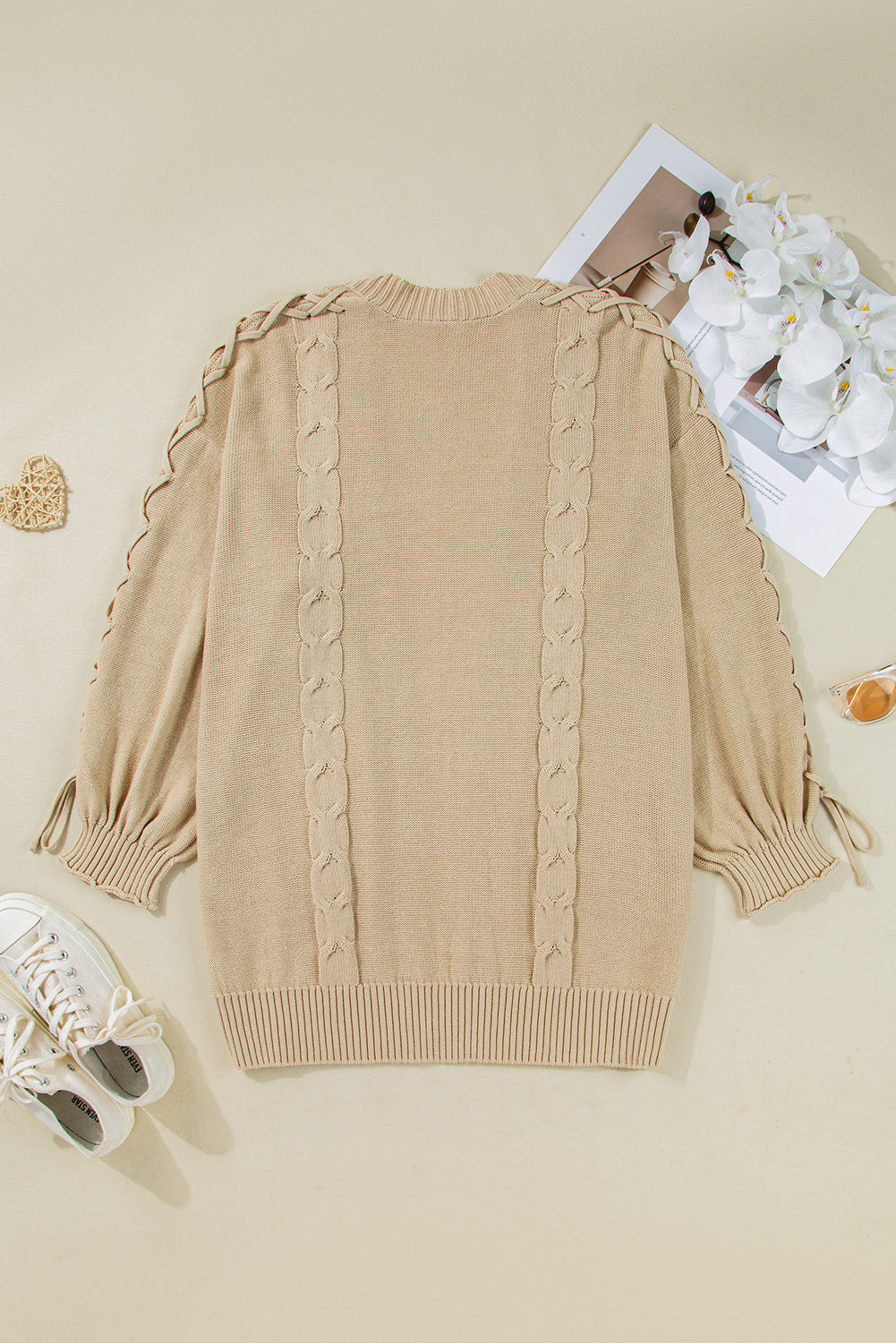 Parchment Cable Knit Braided Tie Sleeve Plus Size Open Cardigan 🇺🇲