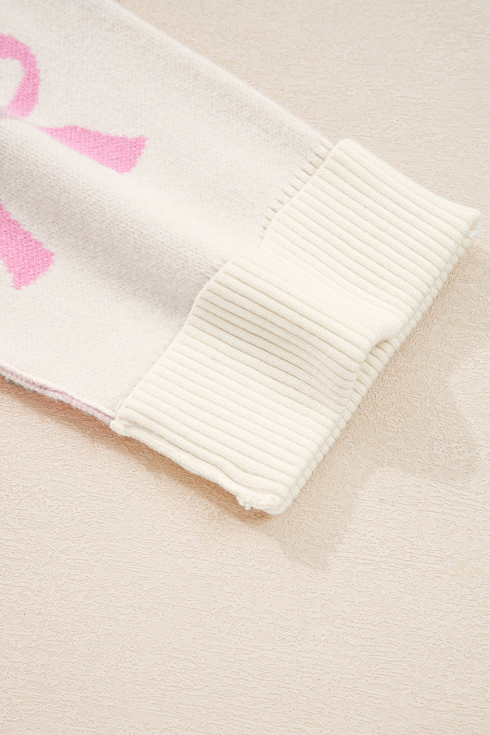 Pink Bow Print Ribbed Trim Exposed Seam Drop Shoulder Loose Sweater 🇺🇸