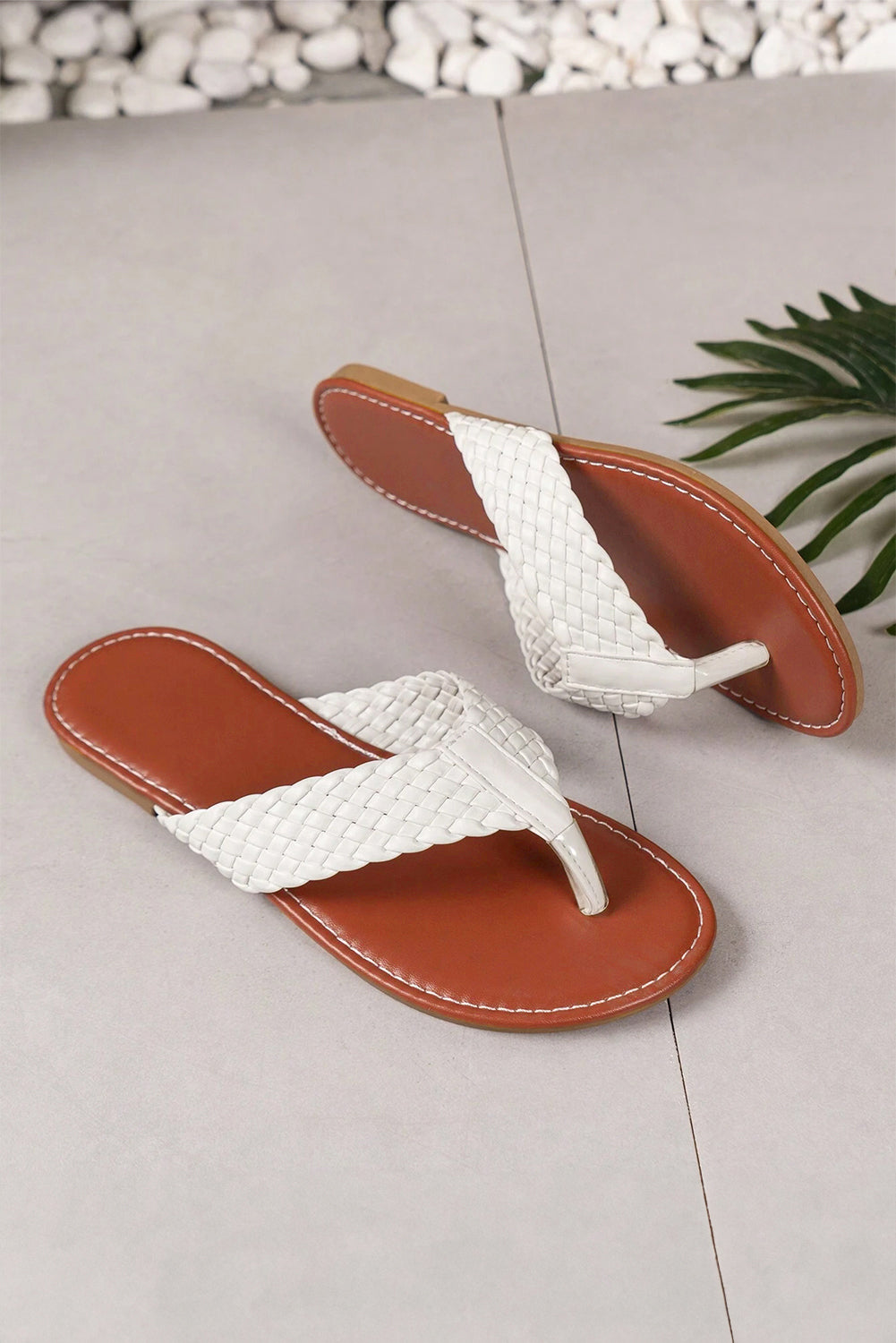 White Braided Strap PU Leather Flip Flop 🇨🇳