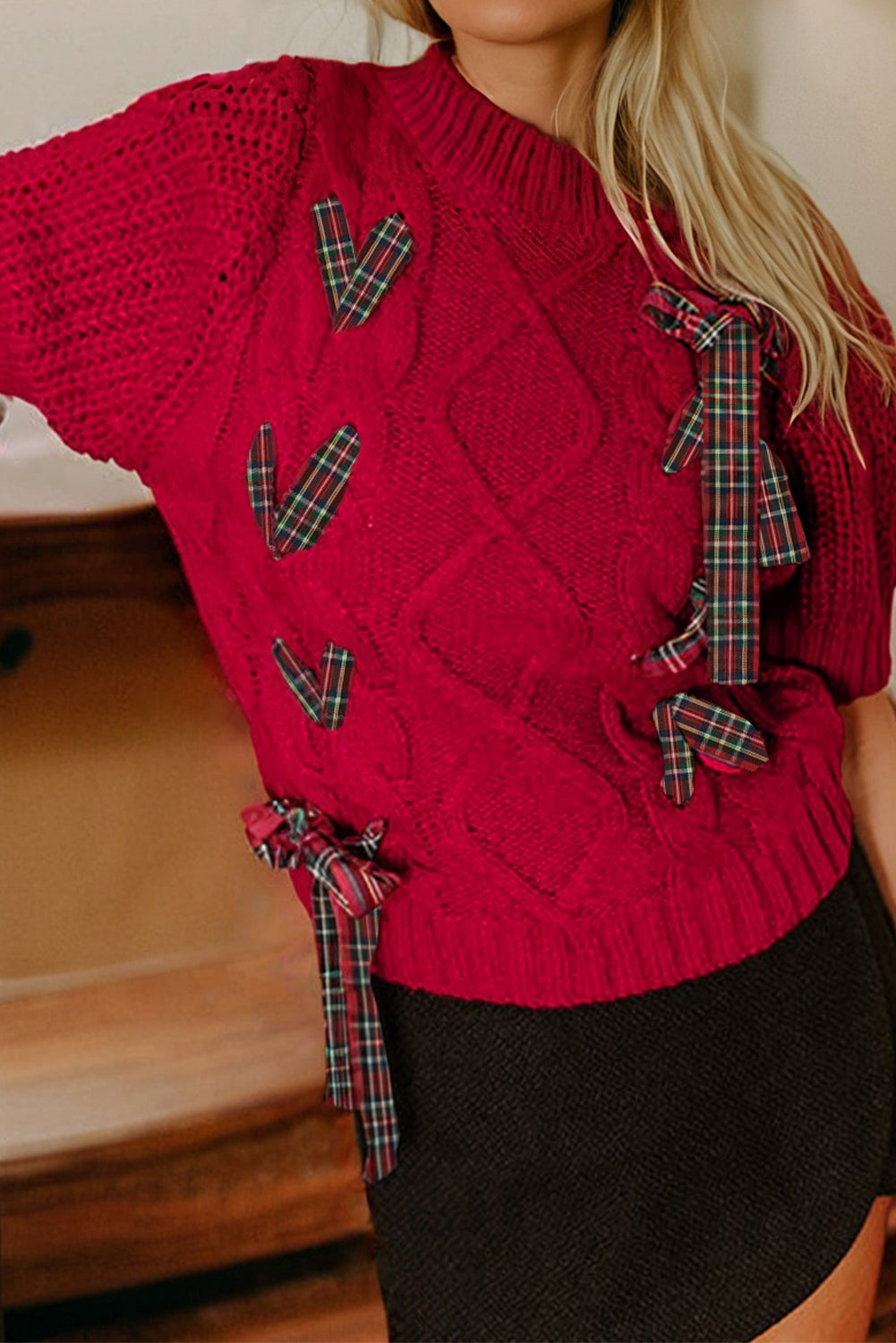 Fiery Red Plaid Lace up Detail Christmas Holiday Puff Short Sleeve Sweater 🇺🇸