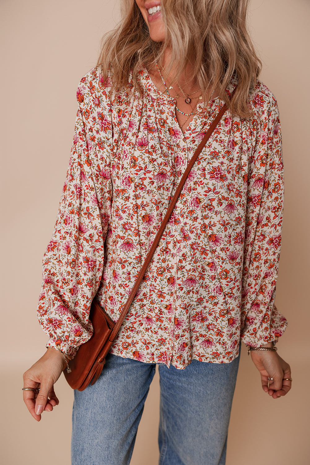 Red Floral Print Pleated Detail Notched Neck Puff Sleeve Blouse 🇺🇸