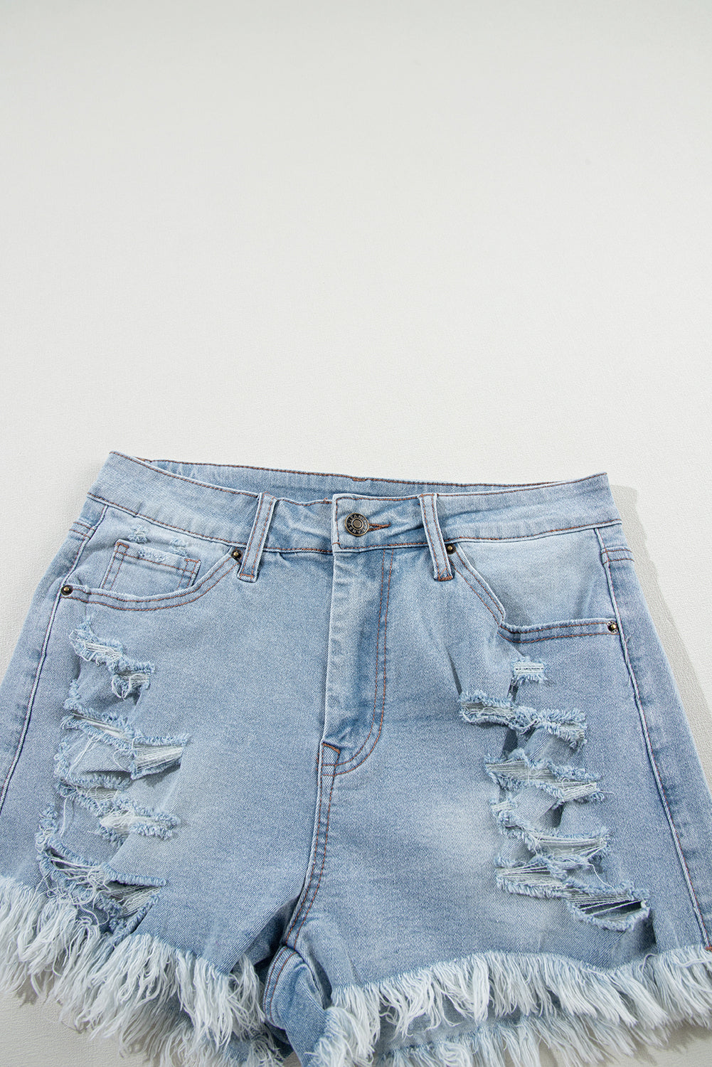 Light Blue Distressed Ripped Raw Hem High Waist Denim Shorts 🇨🇳