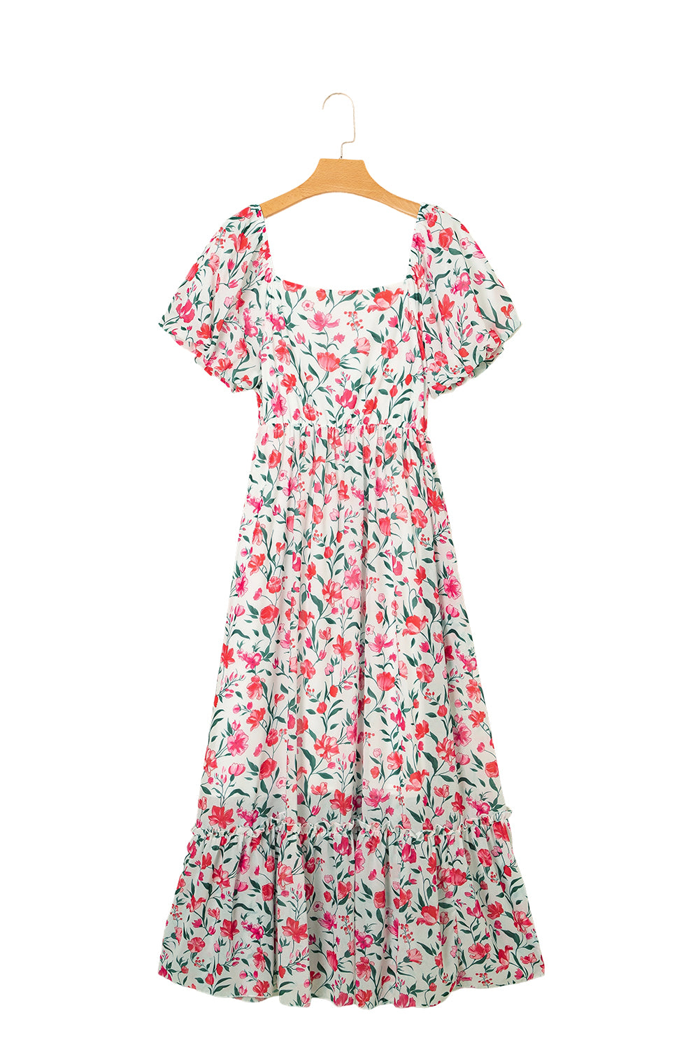 Pink Floral Puff Sleeve Square Neck Empire Waist Tiered Maxi Dress 🇨🇳