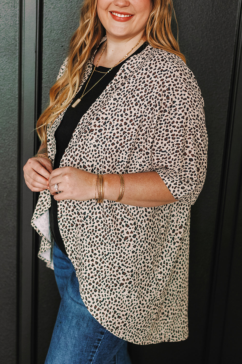 Khaki Plus Size Leopard Print Half Sleeve Open Front Cardigan  🇺🇸