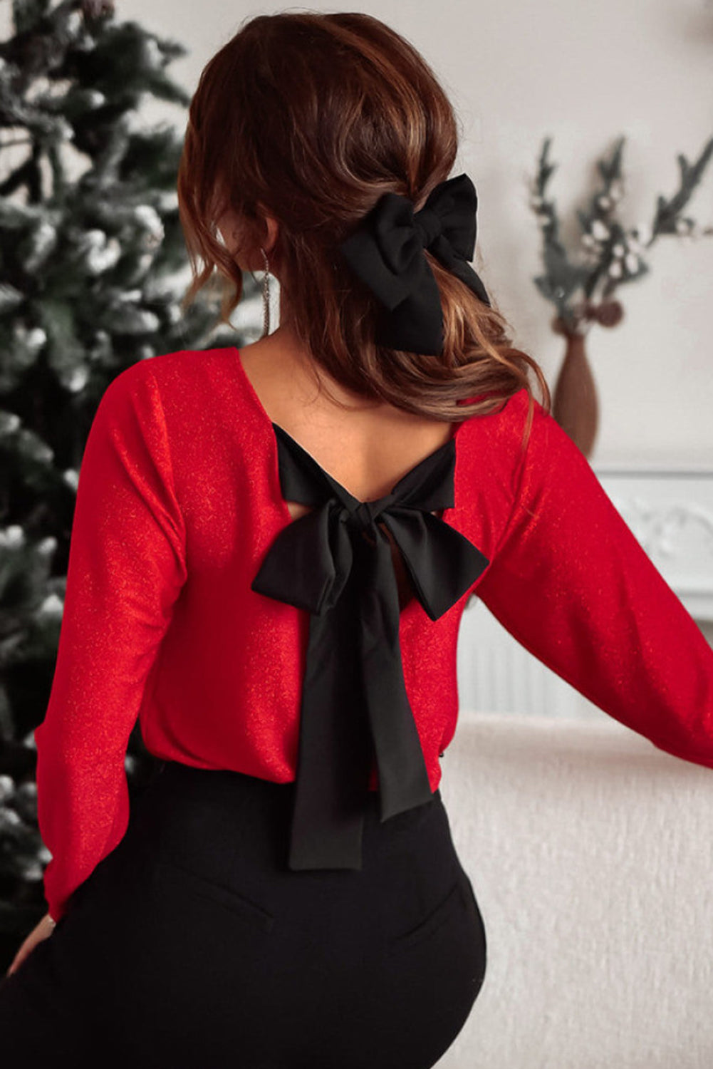 Racing Red Metallic Bowknot Open Back V Neck Top 🇺🇸