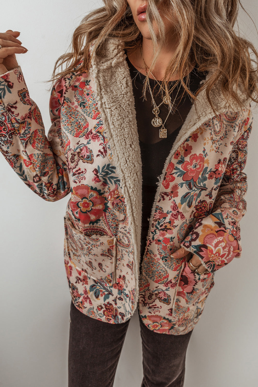 Beige Vintage Paisley Floral Printed Sherpa Lined Hooded Jacket 🇺🇲