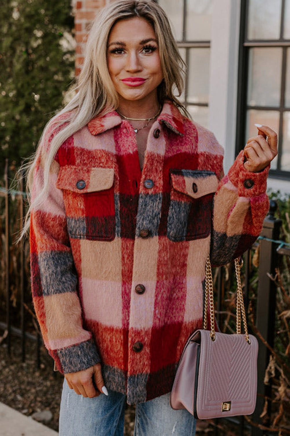 Orange Plaid Print Flap Pockets Buttoned Casual Plus Size Jacket 🇺🇸