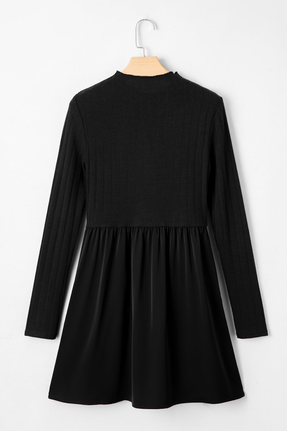 Black Frilled Neck Ribbed Knit Patchwork Long Sleeve Mini Dress 🇺🇸