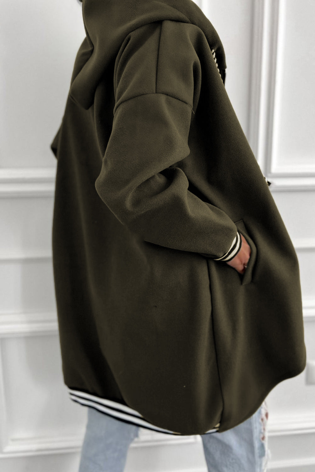 Four Leaf Clover Contrast Cuffed Drop Shoulder Zip up Tunic Hoodie 🇺🇸