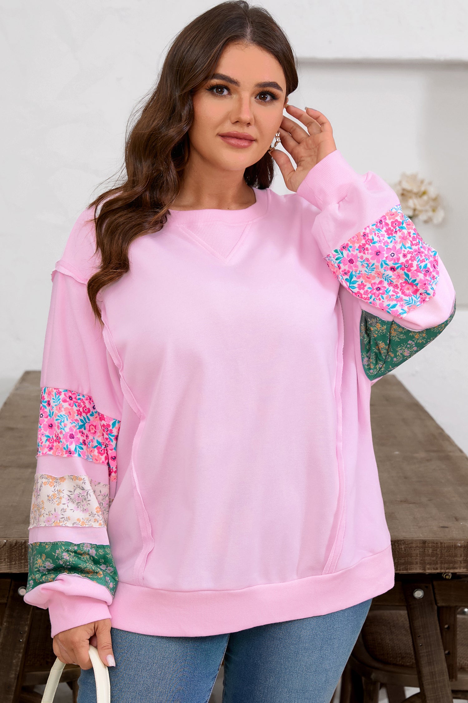Pink Plus Size Mix Floral Patched Sleeve Ribbed Trim Baggy Sweatshirt 🇺🇸